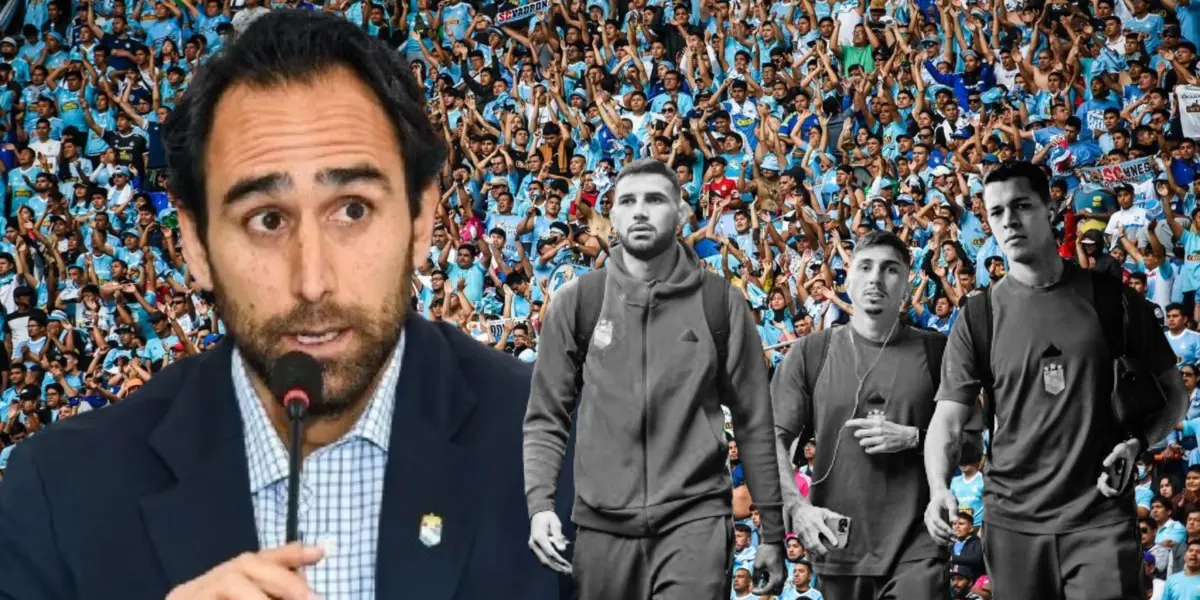 Joel Raffo, Da Silva, Cazonatti, Solís y detrás la hinchada de Sporting Cristal