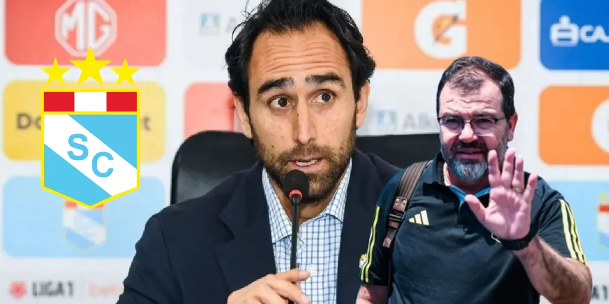 Joel Raffo en conferencia de prensa y delante Enderson Moreira saludando