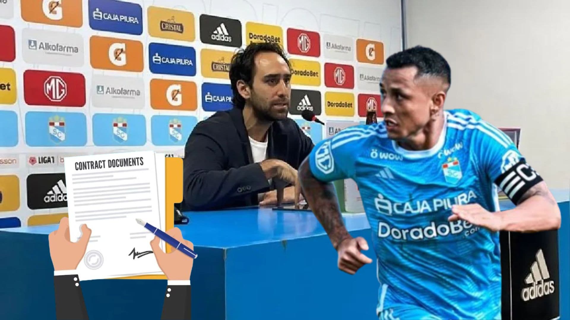Joel Raffo en conferencia de prensa y Yoshimar Yotún con la camiseta de Sporting Cristal