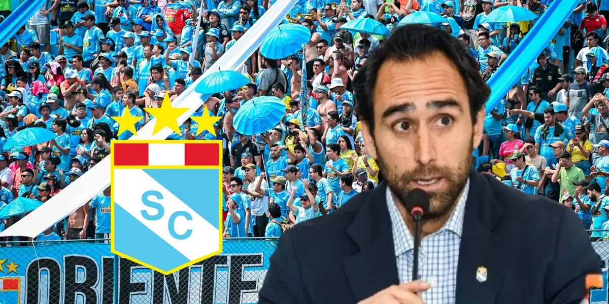 Joel Raffo y detrás la hinchada de Sporting Cristal en el Estadio Alberto Gallardo