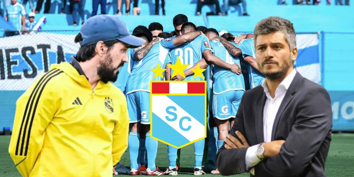 Jorge Cazulo, Gustavo Munúa y detrás jugadores de Sporting Cristal abrazados