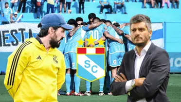 Jorge Cazulo, Gustavo Munúa y detrás jugadores de Sporting Cristal abrazados