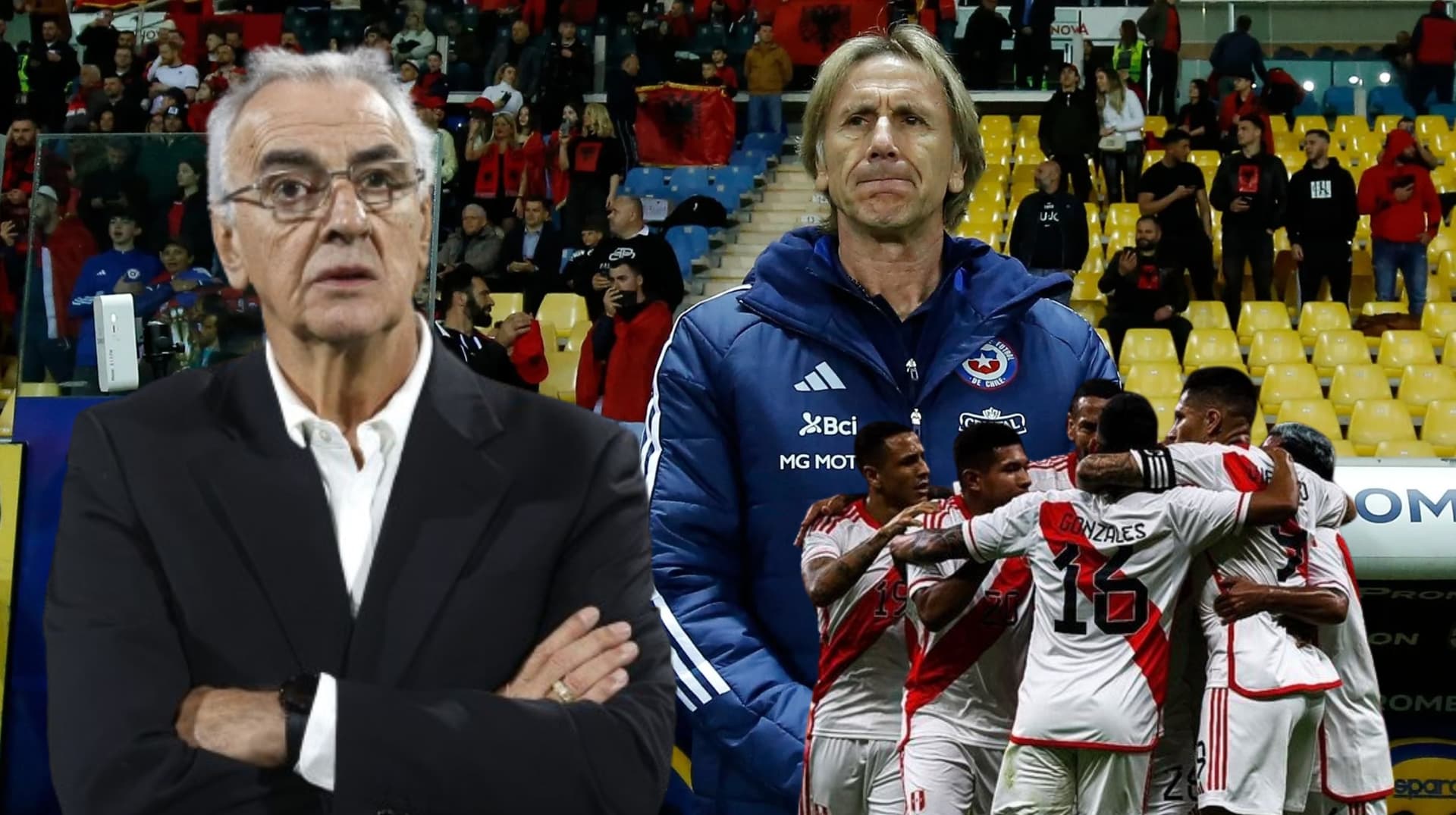 Jorge Fossati, al lado Ricardo Gareca, debajo los jugadores de la Selección Peruana. FOTO: Tnt Sports