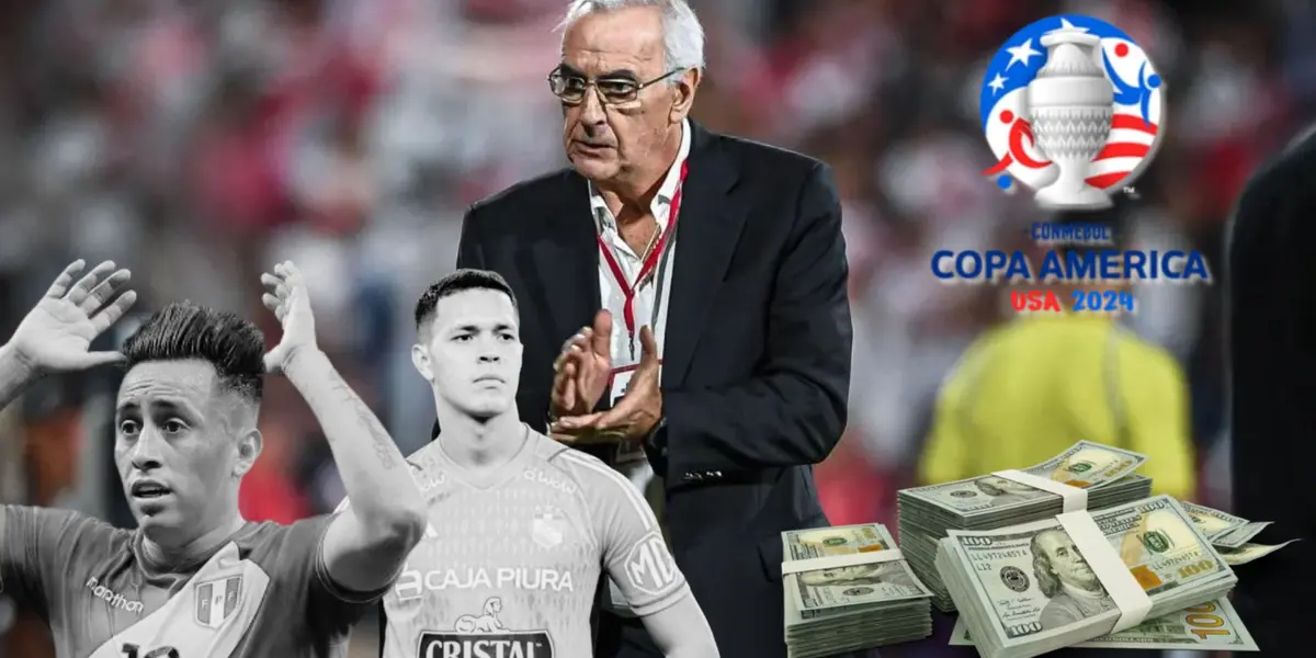 Jorge Fossati aplaudiendo, debajo Christian Cueva y Renato Solís