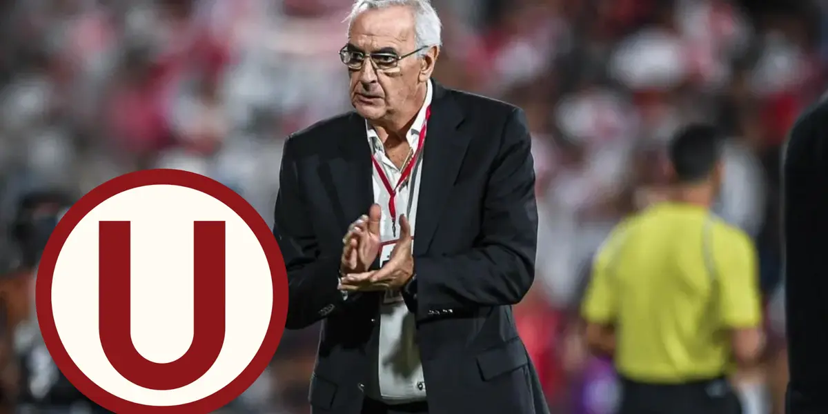 Jorge Fossati aplaudiendo y el escudo de Universitario de Deportes