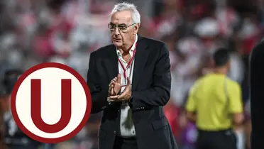 Jorge Fossati aplaudiendo y el escudo de Universitario de Deportes