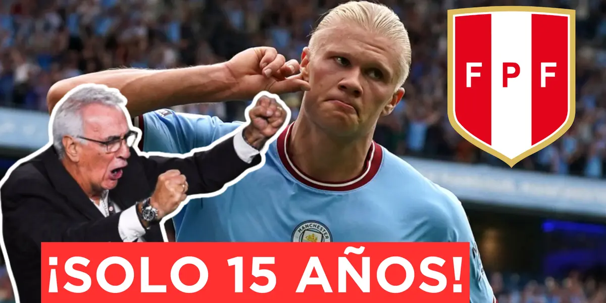 Jorge Fossati celebrando y Haaland se pone el dedo en la oreja