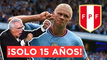 Jorge Fossati celebrando y Haaland se pone el dedo en la oreja