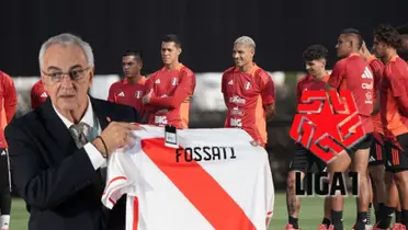 Jorge Fossati con la camiseta bicolor y detrás un entrenamiento en Videna