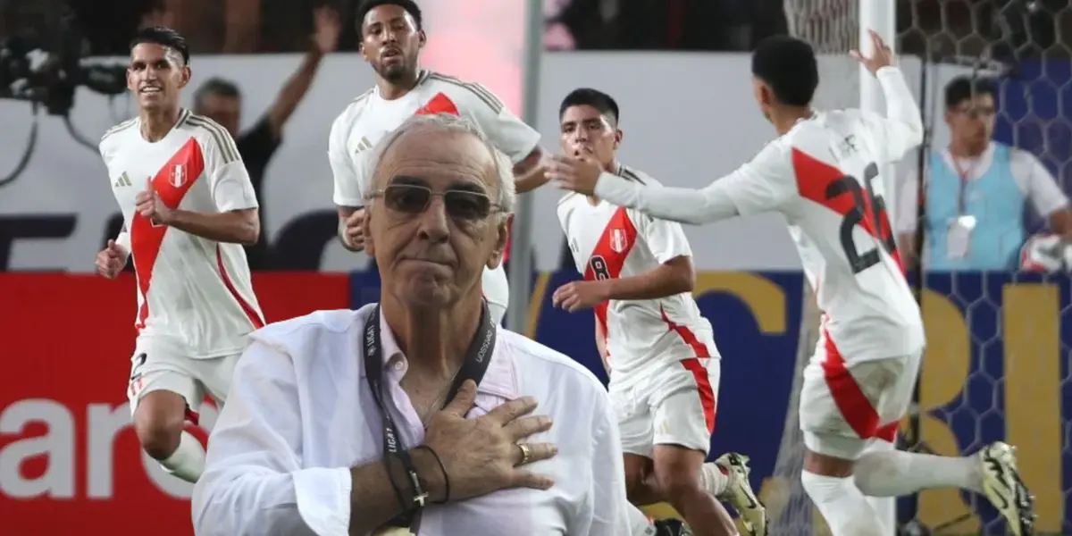 Jorge Fossati con la mano en el pecho y la Selección Peruana celebrando gol