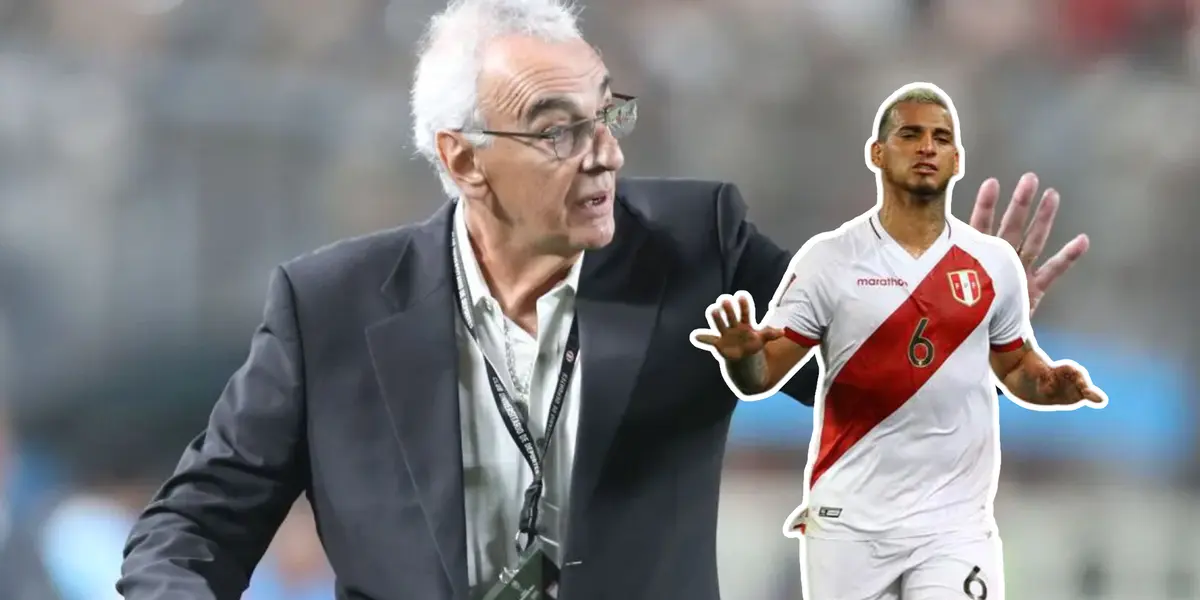 Jorge Fossati con la mano levantada y Miguel Trauco con Perú (Foto: EFE)