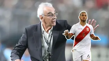 Jorge Fossati con la mano levantada y Miguel Trauco con Perú (Foto: EFE)