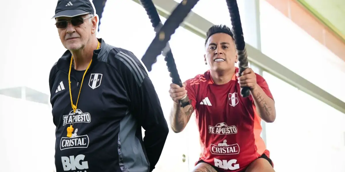 Jorge Fossati con los brazos atrás y Christian Cueva entrenando (Foto: FPF)