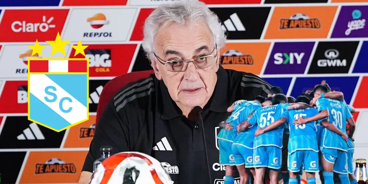 Jorge Fossati dando una conferencia de prensa en Videna y debajo jugadores de Cristal abrazados