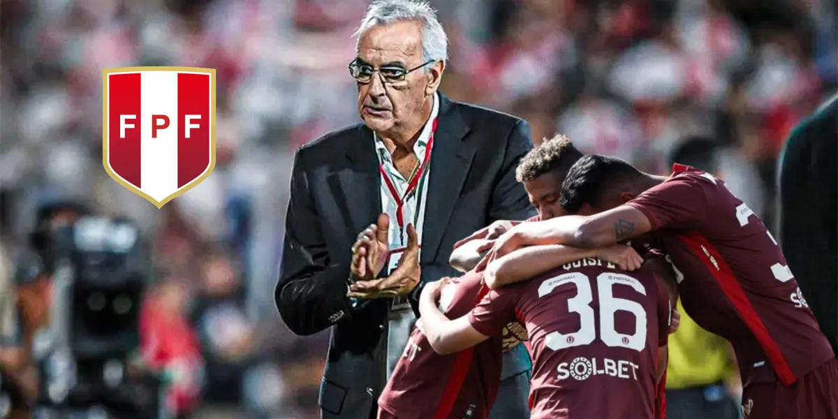 Jorge Fossati dirigiendo a la Selección Peruana, al lado los jugadores de Universitario de Deportes abrazados.