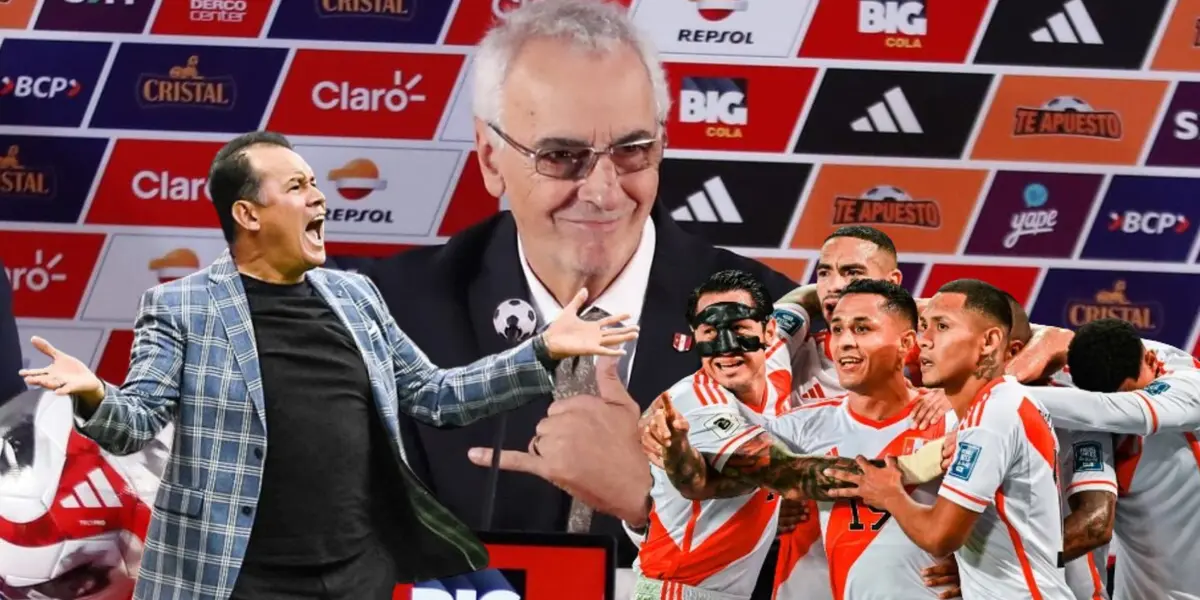 Jorge Fossati en conferencia de prensa, debajo Juan Reynoso y jugadores de la Bicolor