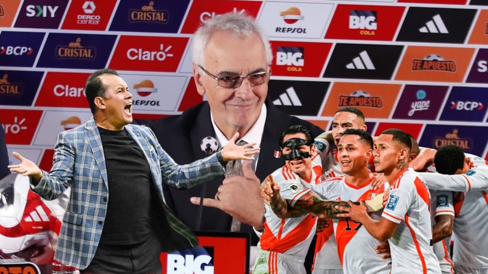 Jorge Fossati en conferencia de prensa, debajo Juan Reynoso y jugadores de la Bicolor