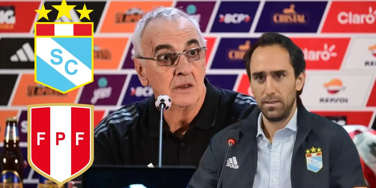 Jorge Fossati en conferencia de prensa y debajo Joel Raffo