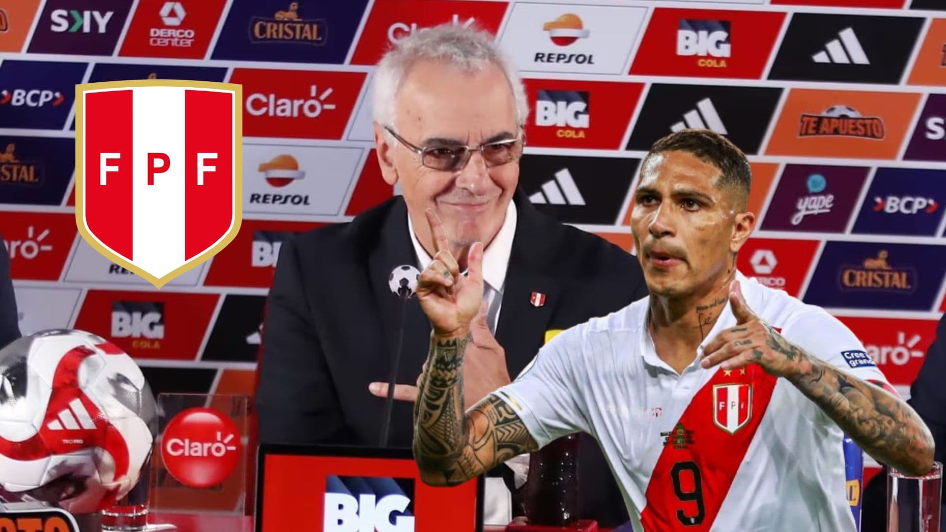 Jorge Fossati en conferencia de prensa y debajo Paolo Guerrero celebrando