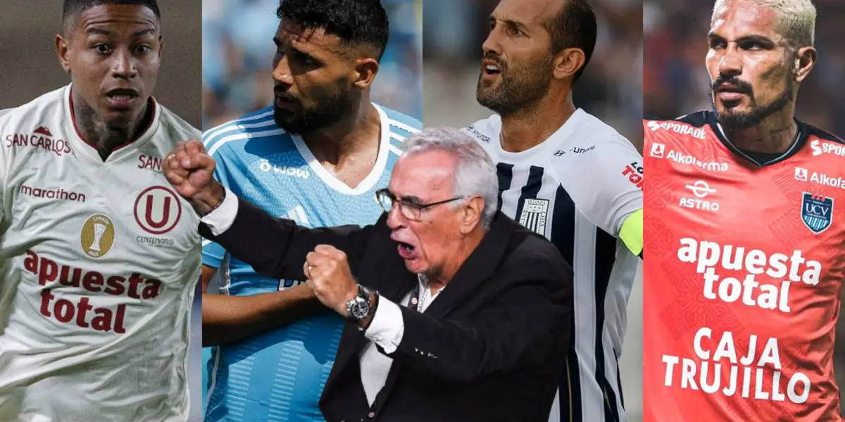 Jorge Fossati festejando y jugadores de la Liga 1 de fondo