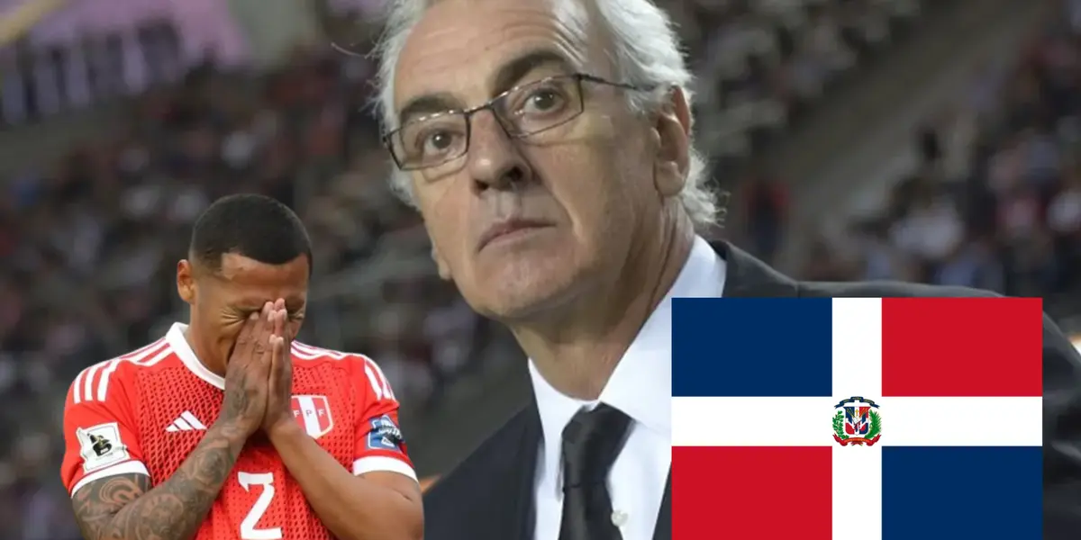 Jorge Fossati mirando fijamente, mientras Bryan Reyna se lamenta