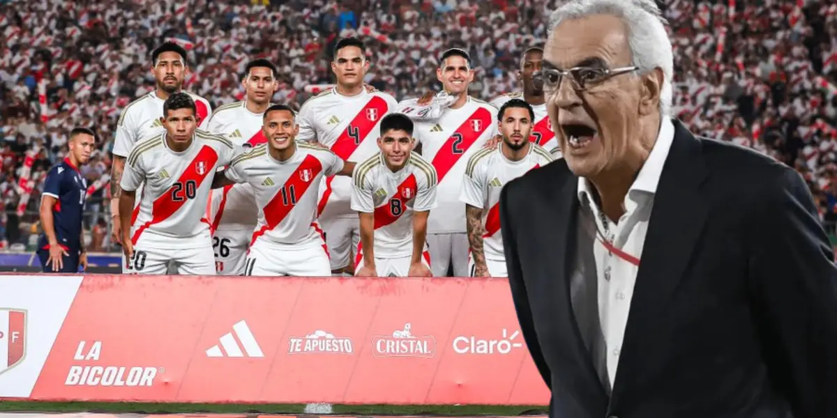 Jorge Fossati molesto, mientras los jugadores de Perú posan para la foto