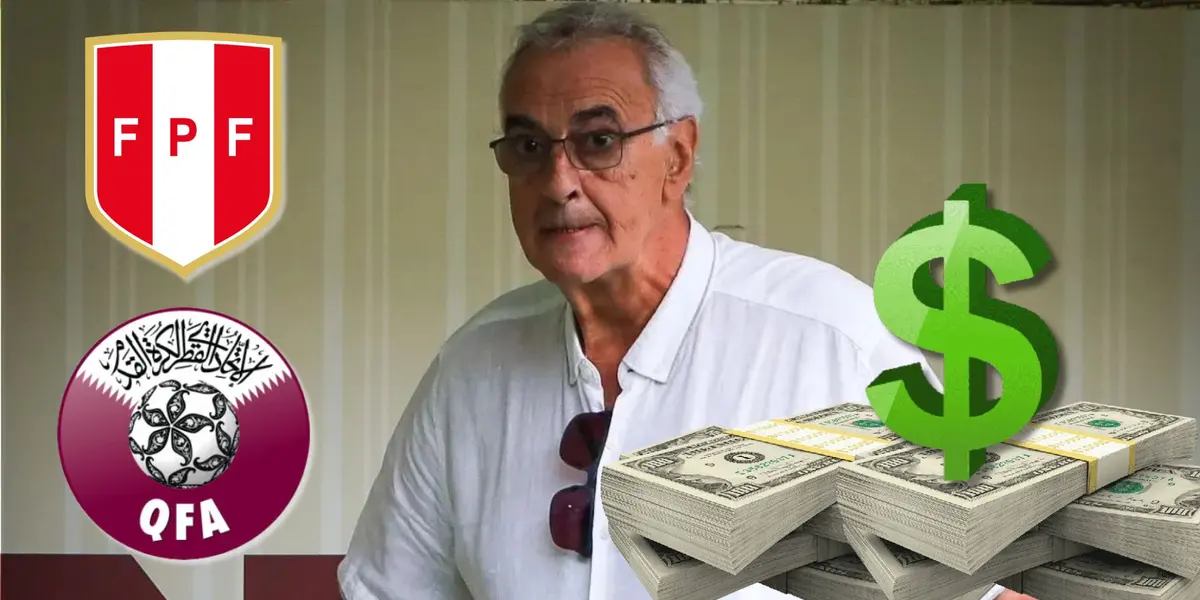 Jorge Fossati pensativo al lado de los logos oficiales de las selecciones de Perú y Qatar