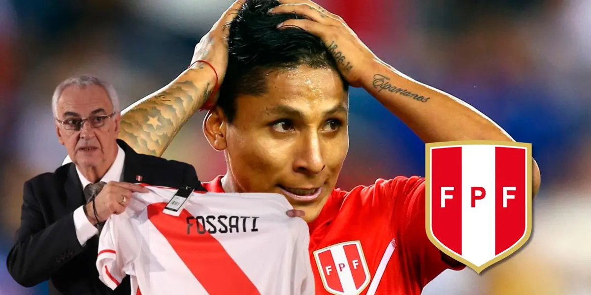 Jorge Fossati posando con la camiseta bicolor y mirando fijamente a Raúl Ruidíaz