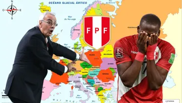 Jorge Fossati señalando el mapa europeo y Luis Advíncula agarrándose la cara