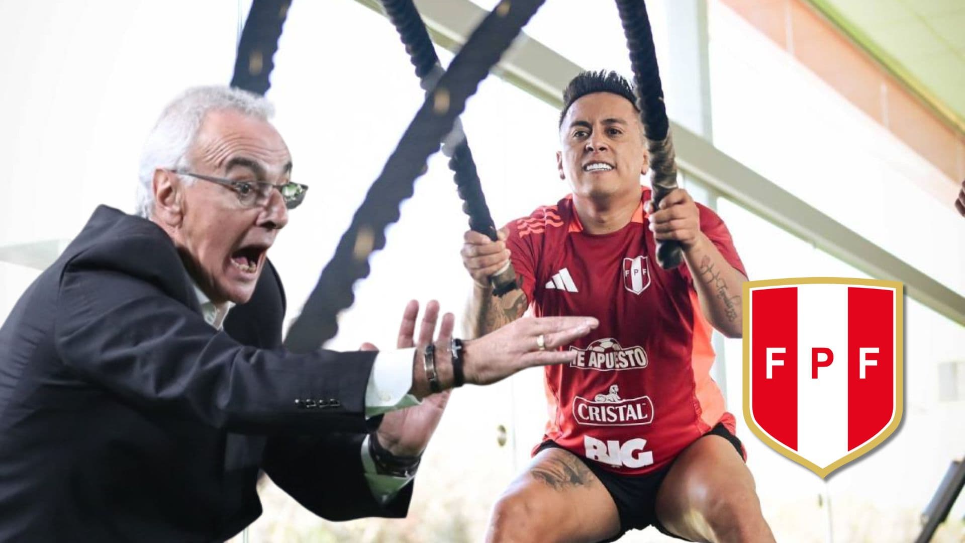 Jorge Fossati señalando y Christian Cueva entrenando en Videna