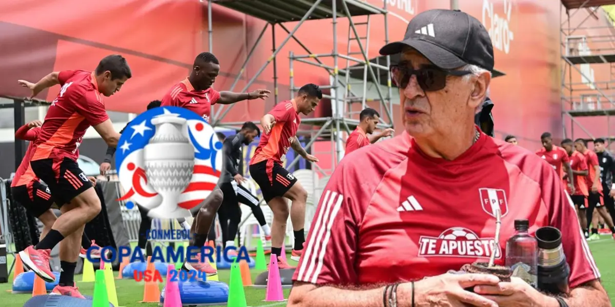 Jorge Fossati y detrás jugadores de la Bicolor entrenando en Videna