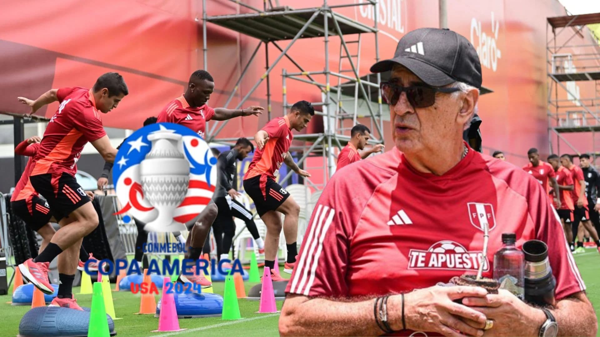 Jorge Fossati y detrás jugadores de la Bicolor entrenando en Videna