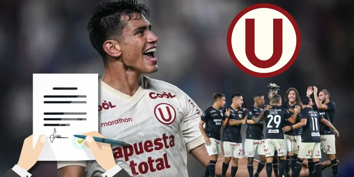 José Rivera celebrando con la camiseta de la ´U´ y debajo los demás jugadores del plantel