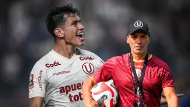 José Rivera celebrando con Universitario, al lado Fabián Bustos. FOTO: RPP