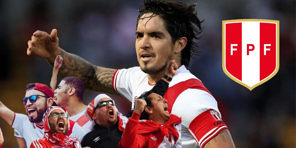 Juan Manuel Vargas con la camiseta bicolor y debajo los hinchas incondicionales