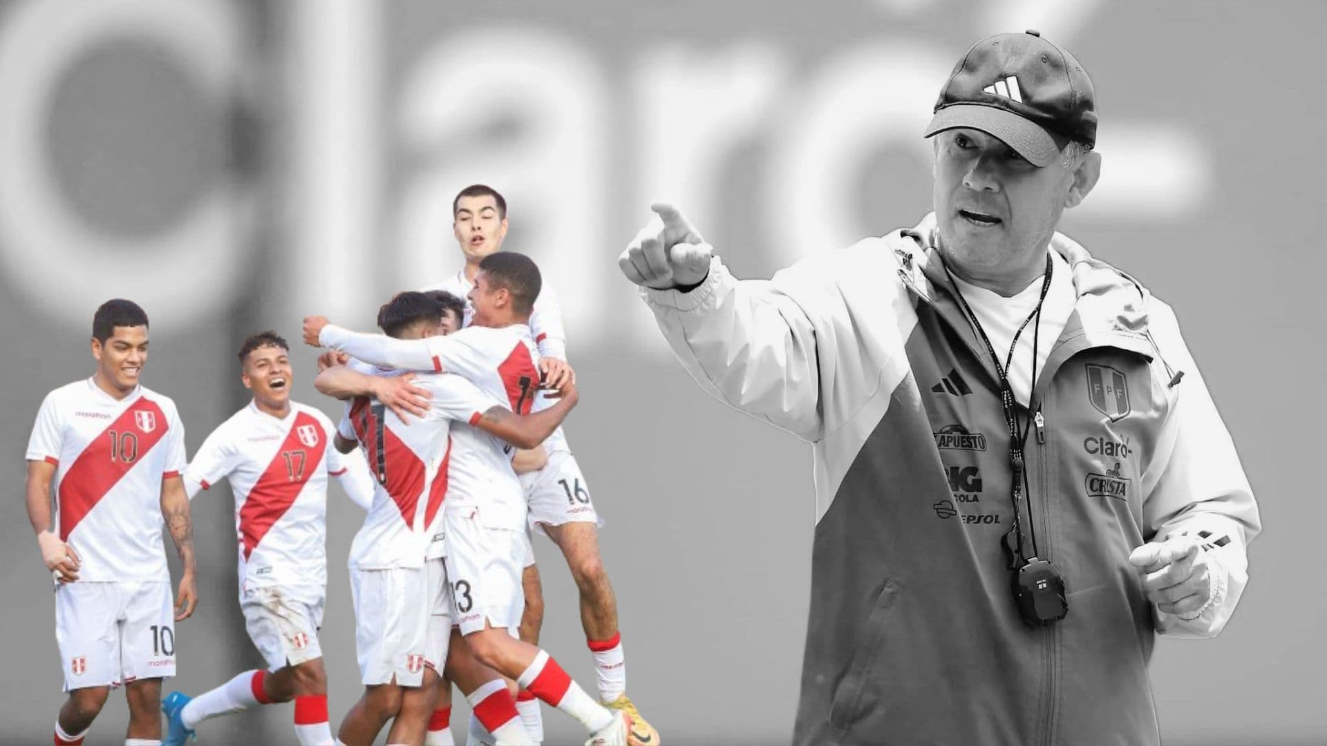 Juan Reynoso dando indicaciones en Videna y debajo jugadores de la Selección Peruana Sub-20