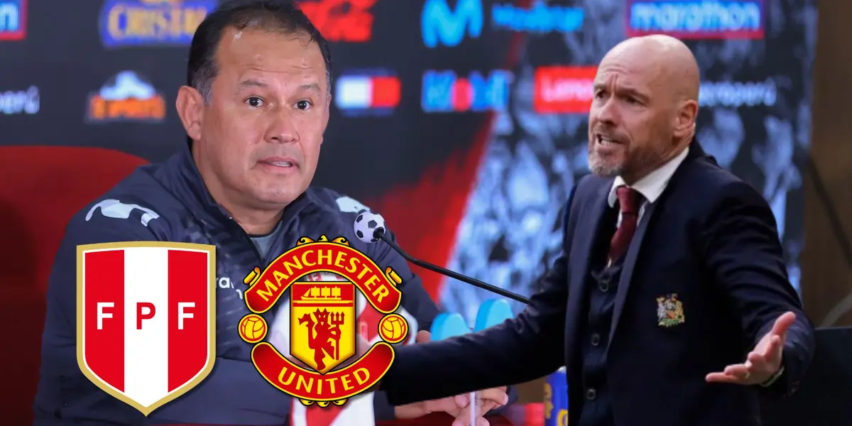 Juan Reynoso en conferencia en Videna y al lado Erik Ten Hag