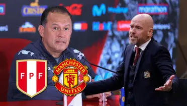 Juan Reynoso en conferencia en Videna y al lado Erik Ten Hag