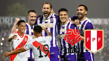 Jugadores de Alianza Lima y delante de ellos Grimaldo y Yotún con la camiseta bicolor