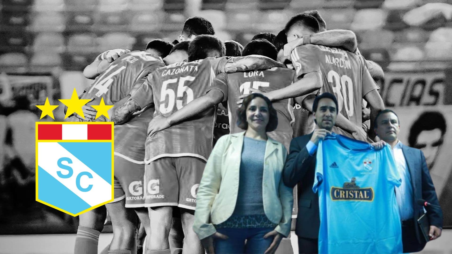 Jugadores de Cristal reunidos en la cancha y debajo los dueños del club liderados por Joel Raffo