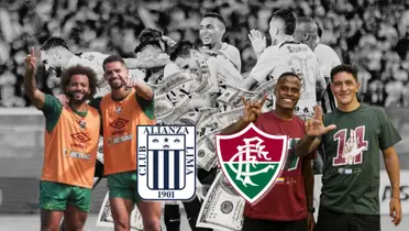Jugadores de Fluminense sonriendo y de fondo Alianza Lima en blanco y negro
