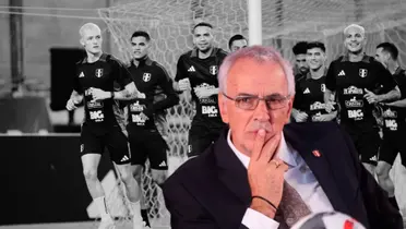 Jugadores de la Bicolor entrenando y delante Jorge Fossati pensativo