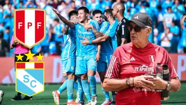 Jugadores de Sporting Cristal celebrando uno de los goles de hoy y debajo Jorge Fossati observando