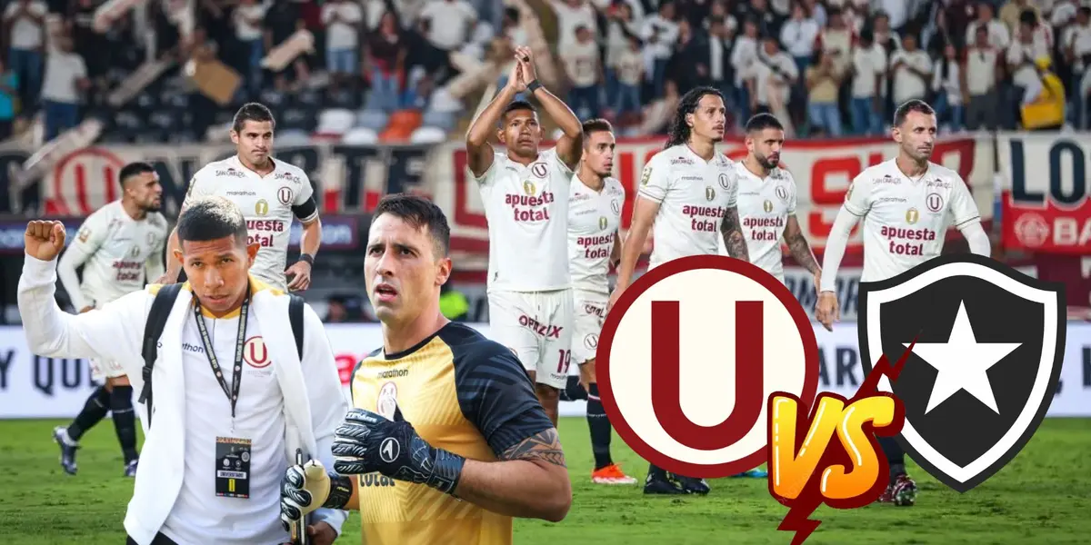 Jugadores de Universitario de Deportes saludando a sus hinchas y debajo Flores junto a Britos