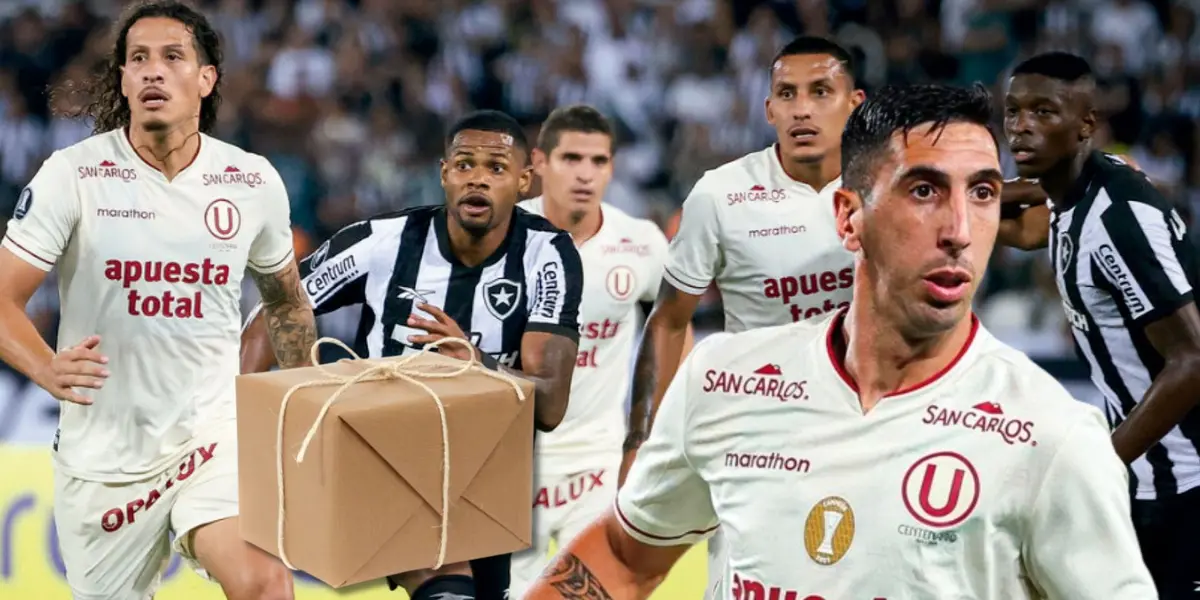 Jugadores de Universitario disputando una jugada vs Botafogo y delante Diego Dorregaray