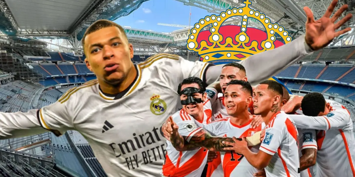 Kylian Mbappé con la camiseta del Real Madrid y jugadores de la Bicolor abrazados