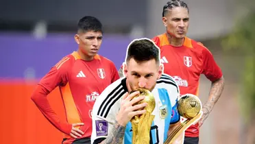 Lionel Messi besando el Mundial, Piero Quispe y Guerrero viendo serios (Foto: Andina)