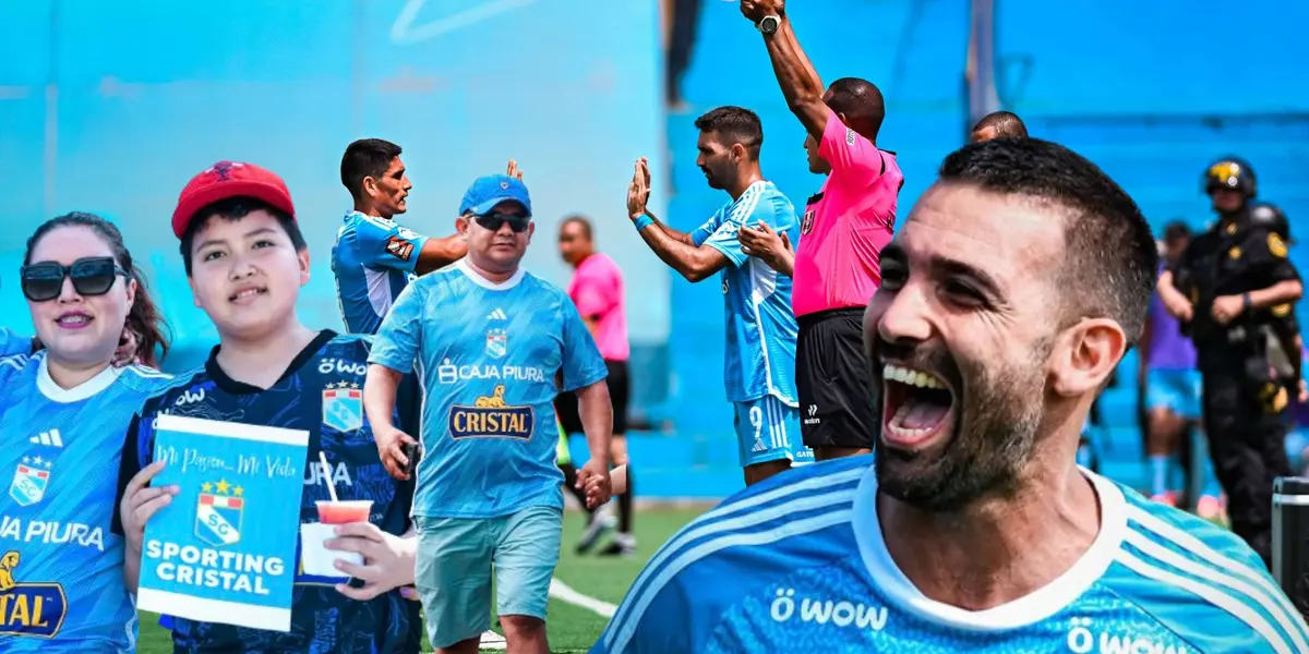 Los hinchas celestes y detrás el ingreso de Martín Cauteruccio hoy vs Cusco FC