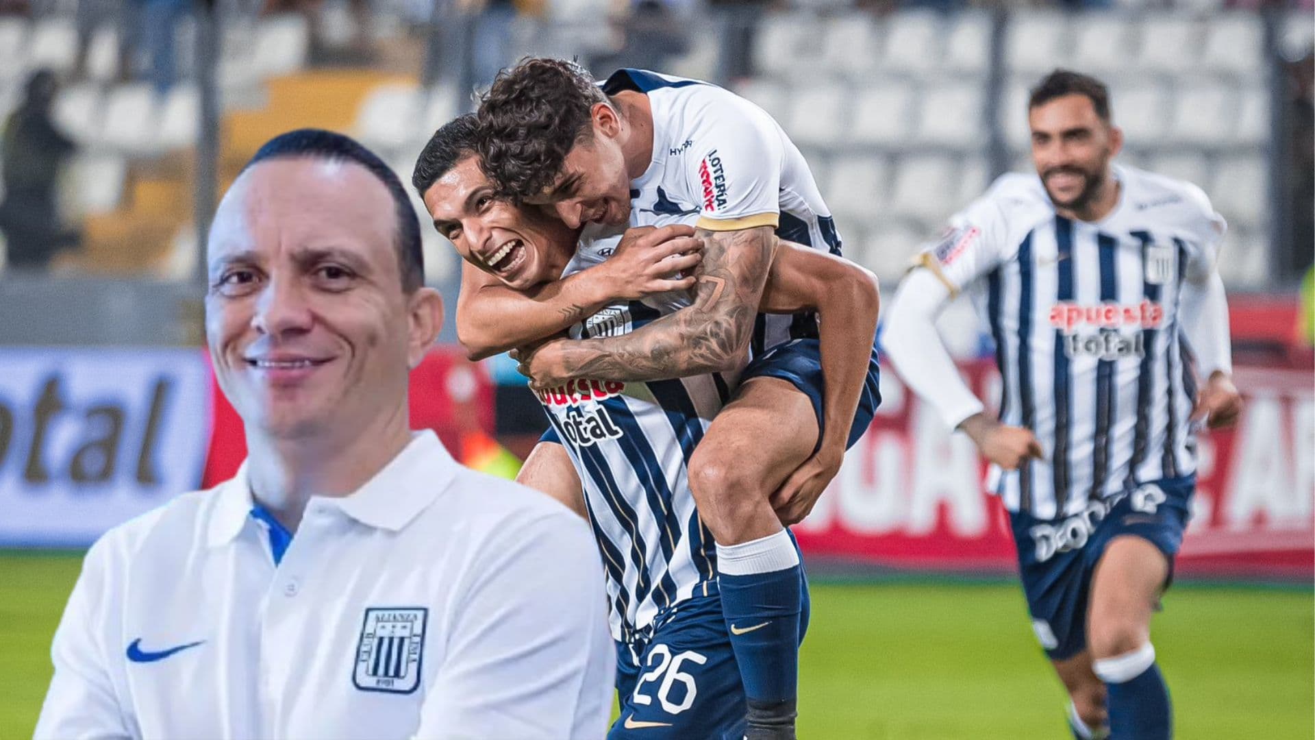 Los jugadores de Alianza Lima celebrando un gol y delante de ellos Alejandro Restrepo