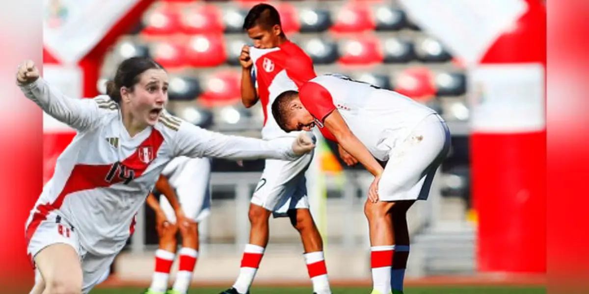 Los jugadores de la Sub - 20 en evidente estado de derrota, al lado una integrante del actual plantel femenino Sub . 20. FOTO: Líbero